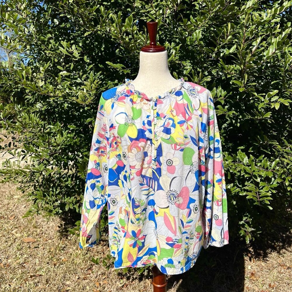 Talbots Womens Spring Floral Multi-Color Pop Over Blouse Size XLP Long Sleeve